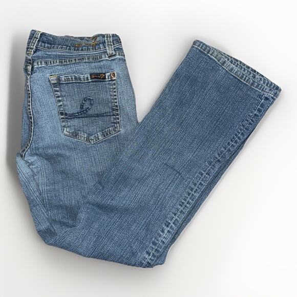 Express 7 For All Mankind Style Flared Jeans Blue Women’s 30x29 Low Rise Y2K - Picture 7 of 8